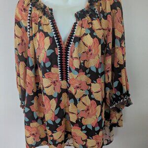 Sundance Top Womens Hibiscus Blooms Black Orange Boho Peasant Blouse XL